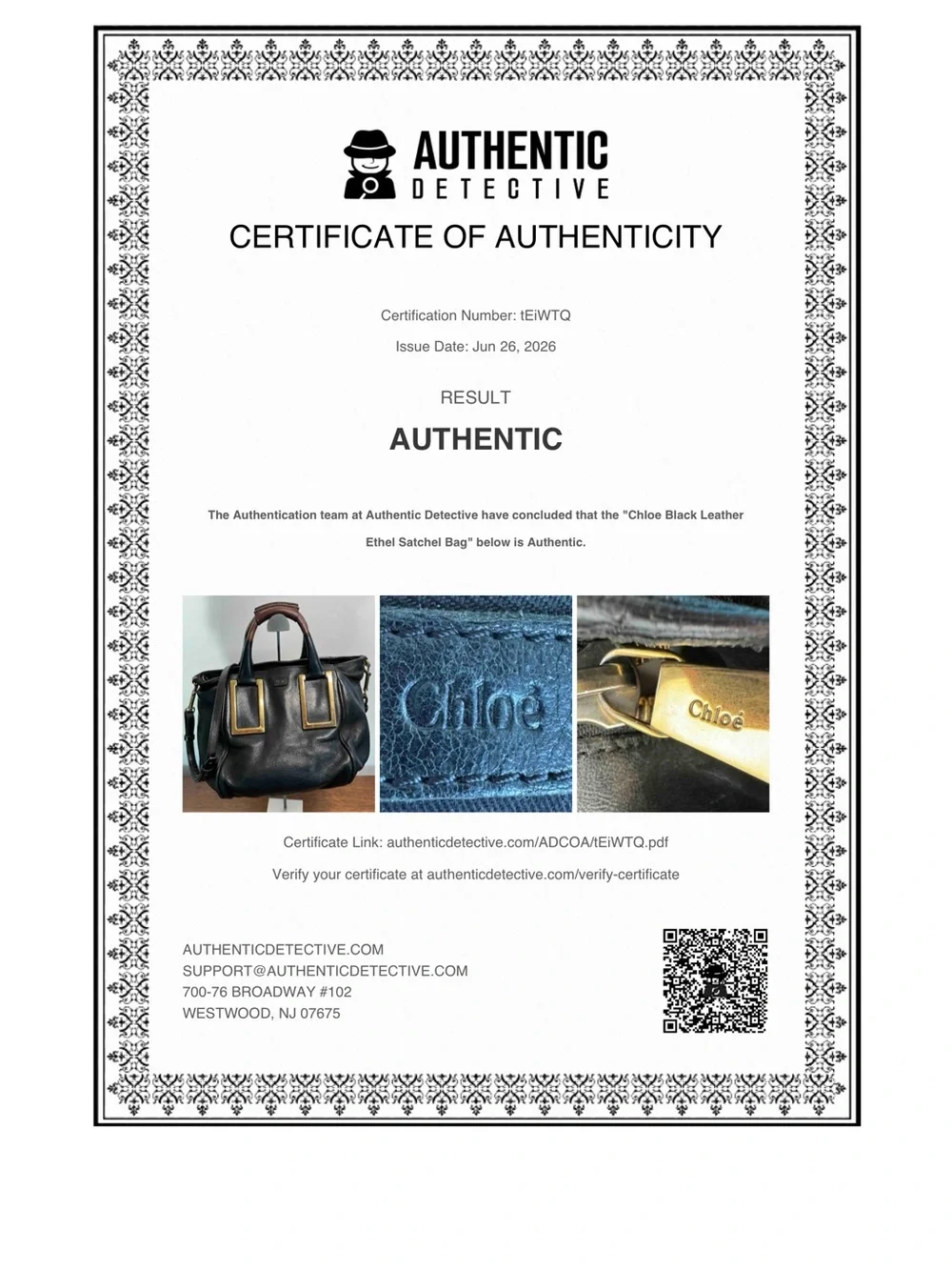 Chloé Vintage Ethel Black Leather Satchel/Crossbody with Gold Hardware with COA